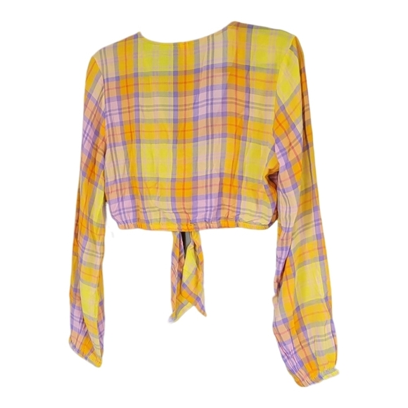 BP NWT M Yellow Multicolor Tartan Plaid Long Sleeve Crop Top Clueless Preppy - Picture 6 of 14